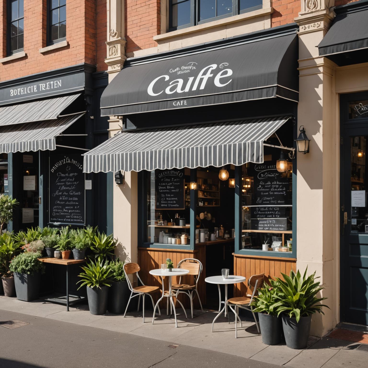 Fixed canopy awning over a small cafe entrance