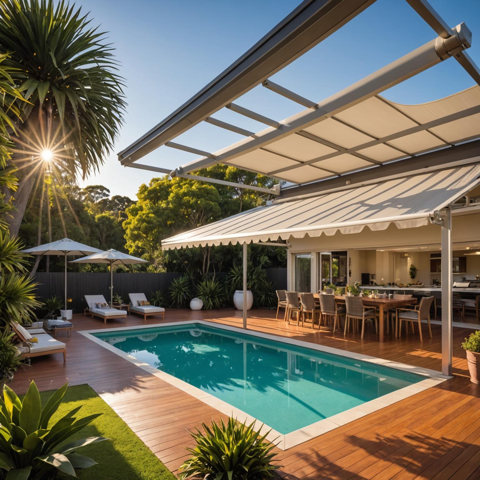 Motorised folding arm awning on a poolside deck