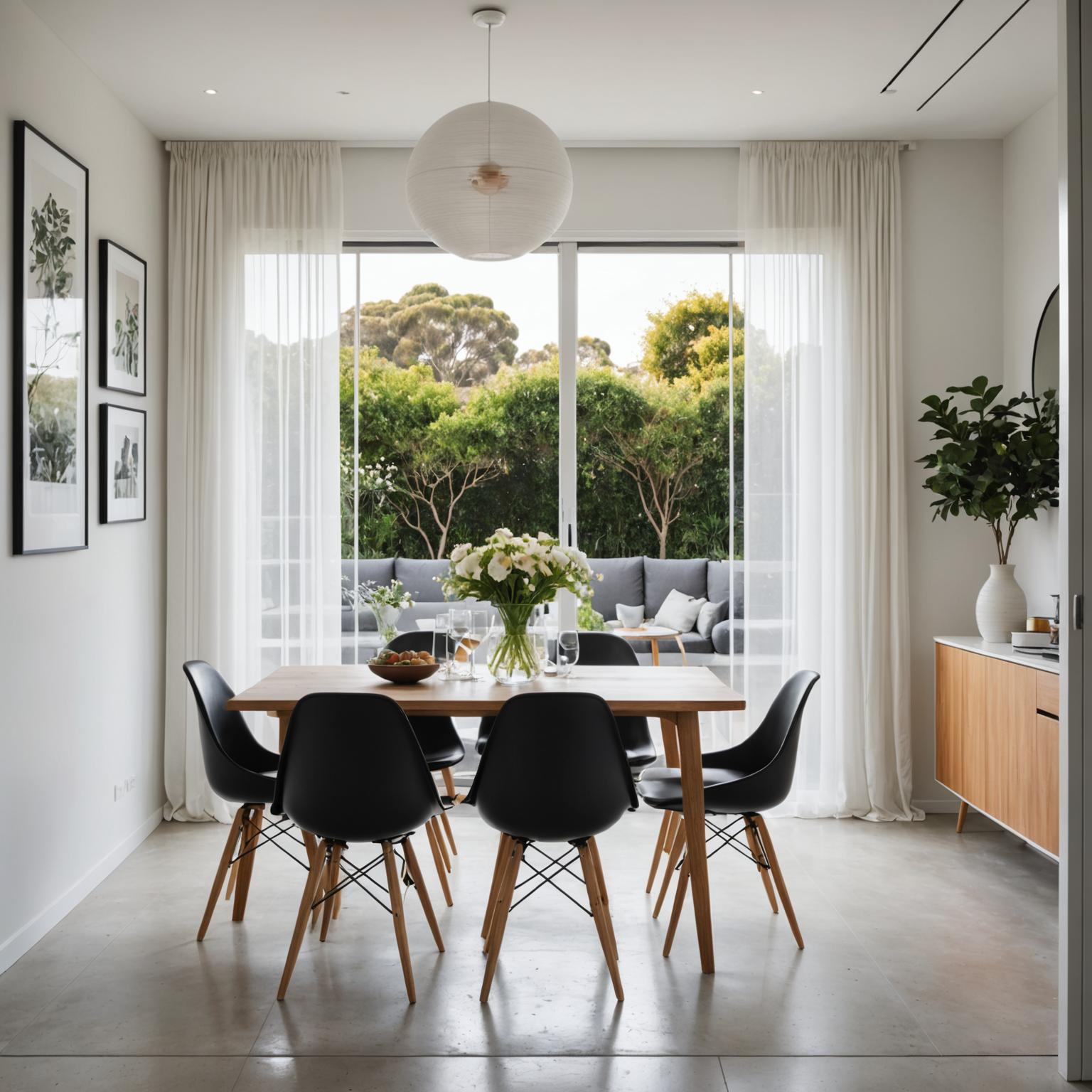 Sheer S-fold curtains in a bright dining room