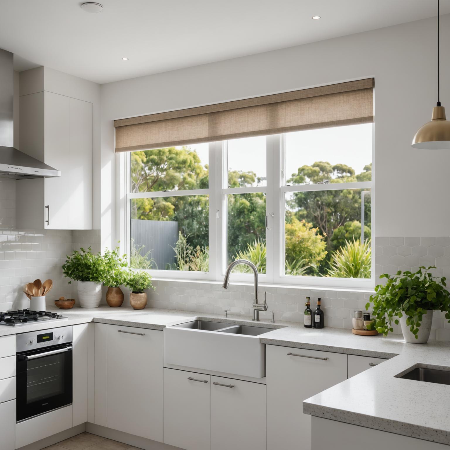 Sunscreen roller blind in a bright kitchen