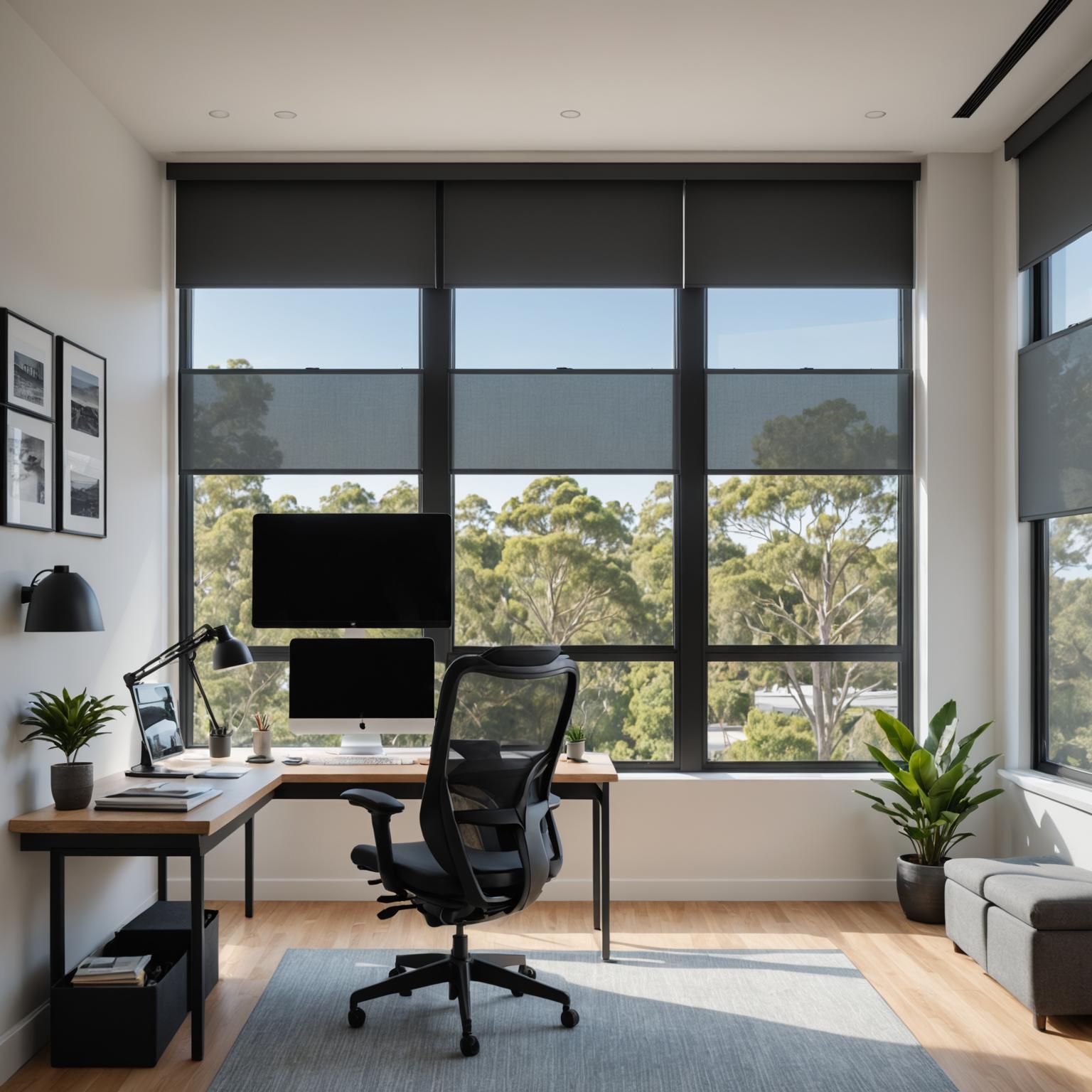 Dual roller blinds in a home office