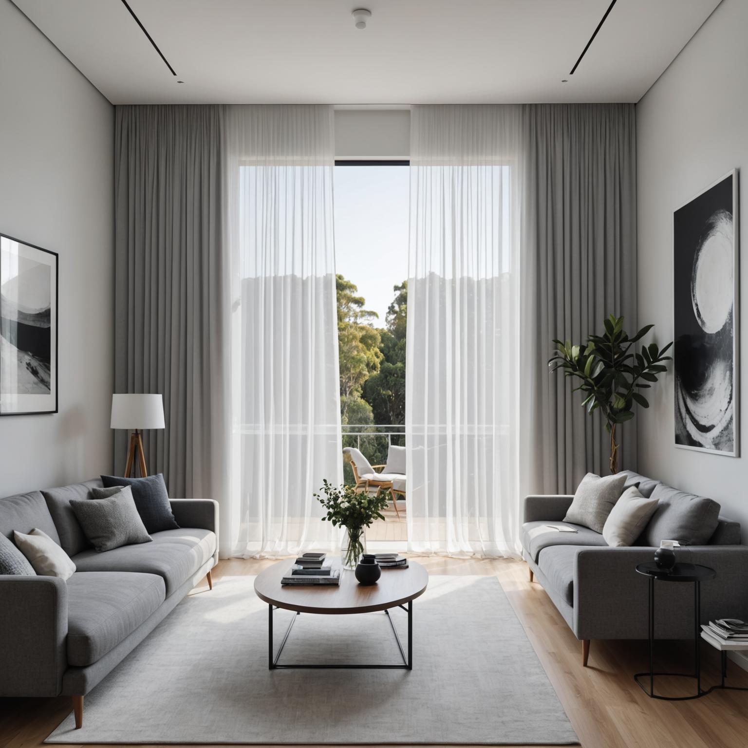Floor-length sheer curtains in a contemporary lounge