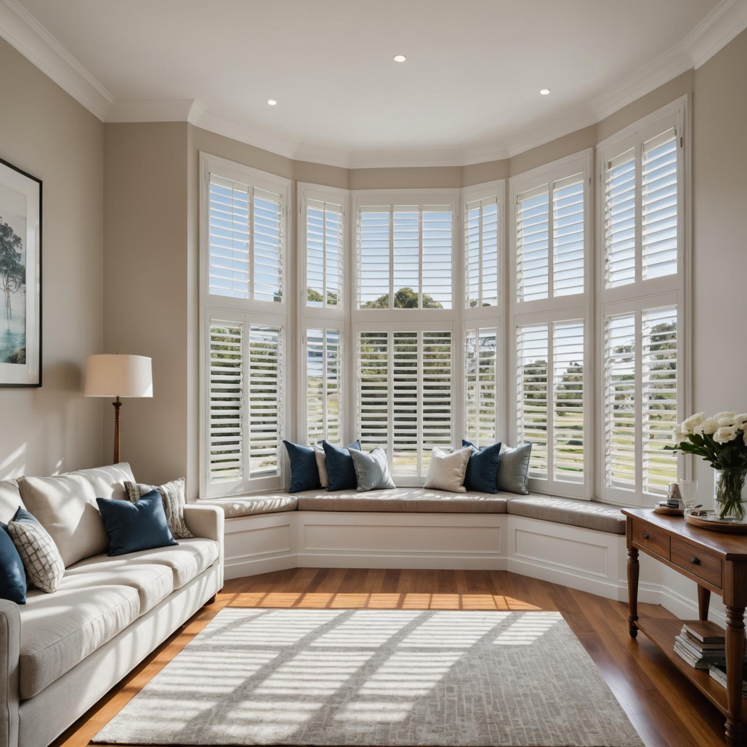 White plantation shutters on a bay window